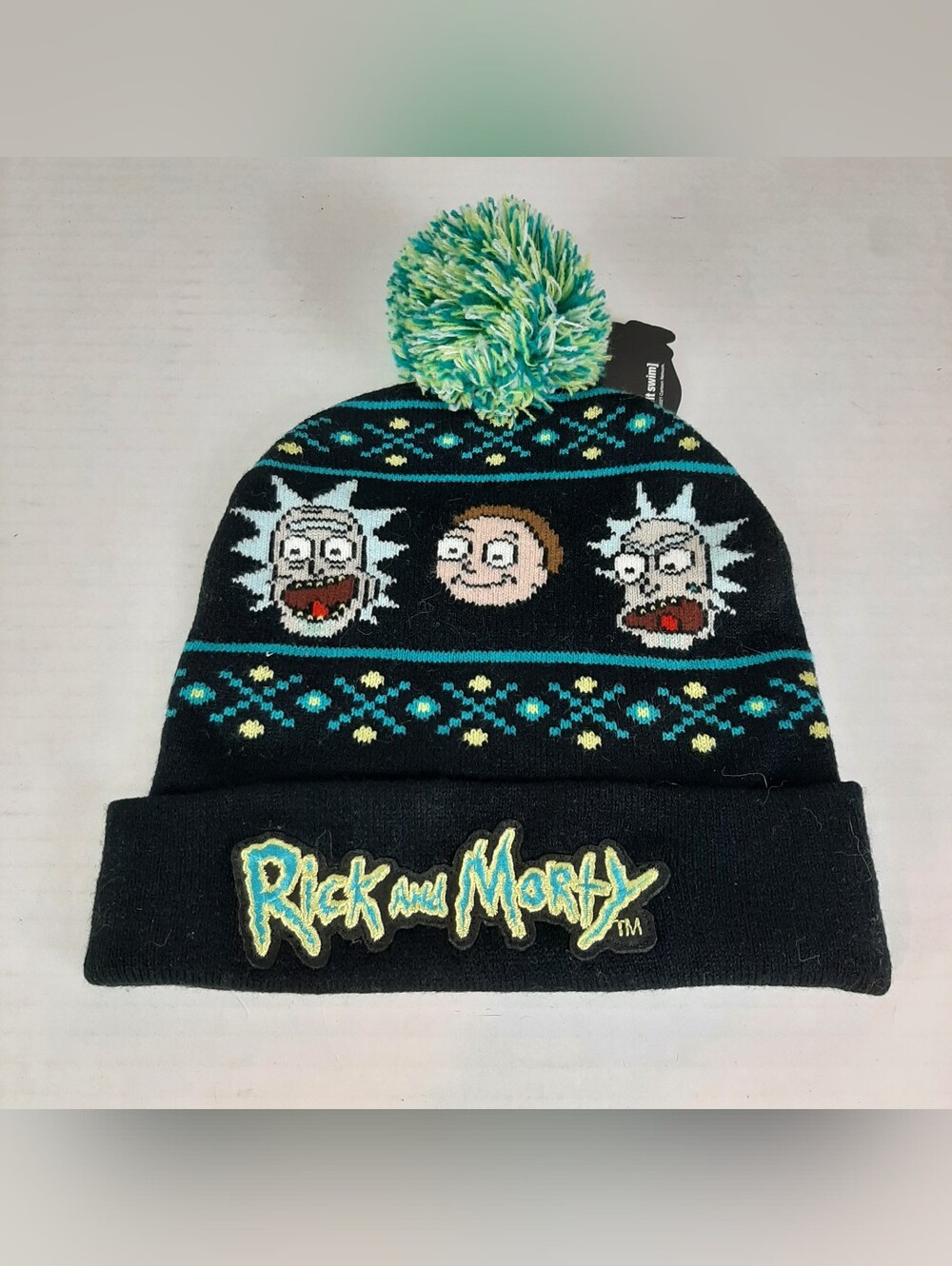 NWT Adult Swim Rick and Morty Magic Jacquard Pom Beanie Hat Black OSFM